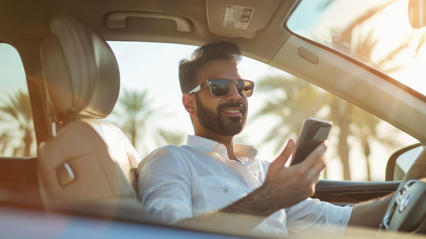 Man parked in car looking at phone