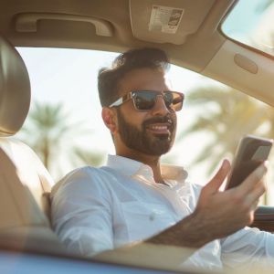 Man parked in car looking at phone